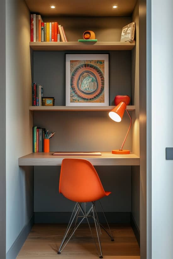 Gray and Orange workspace in a small alcove off the hallway.