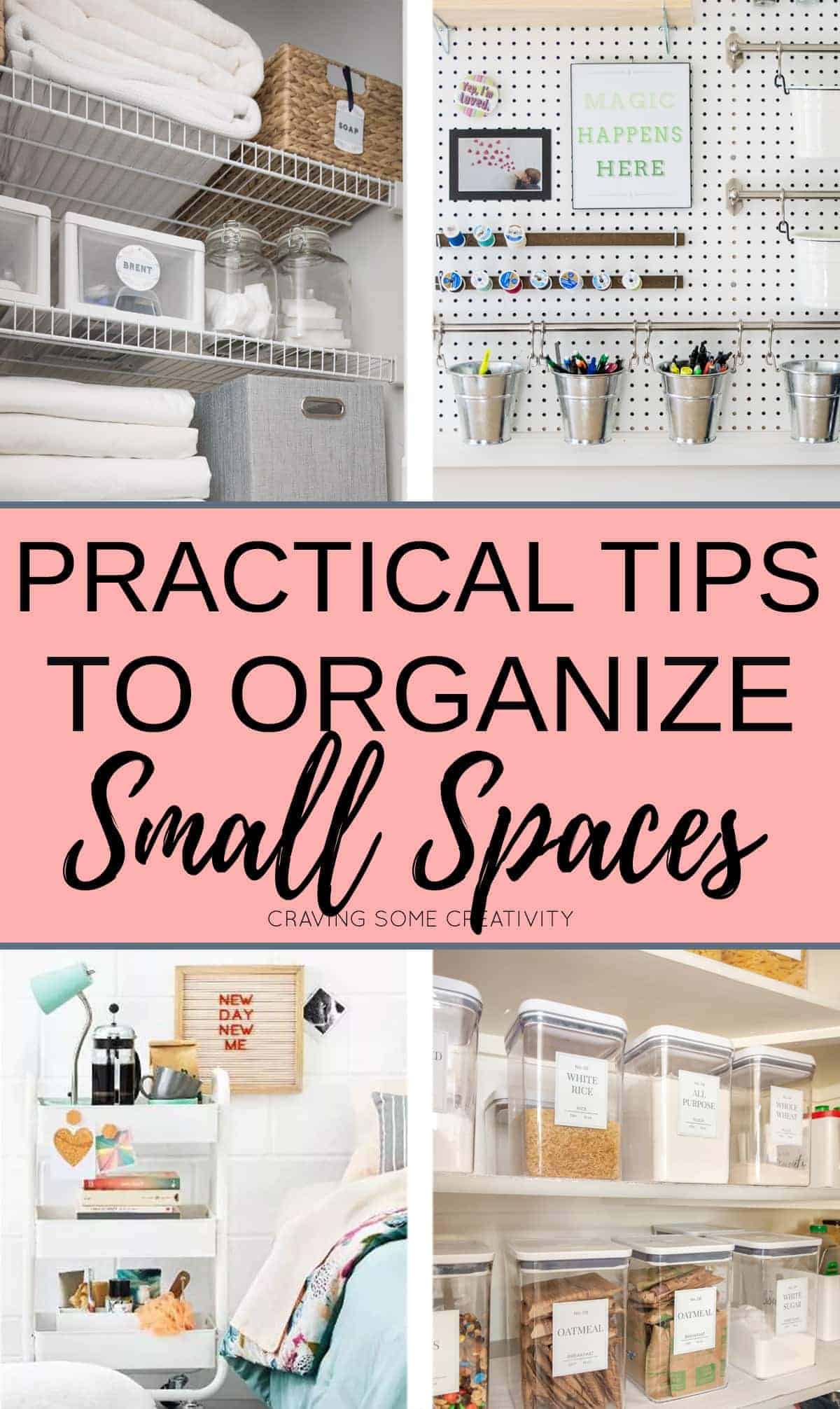 Collage of organized spaces with practical Tips to organize small rooms title overlay.