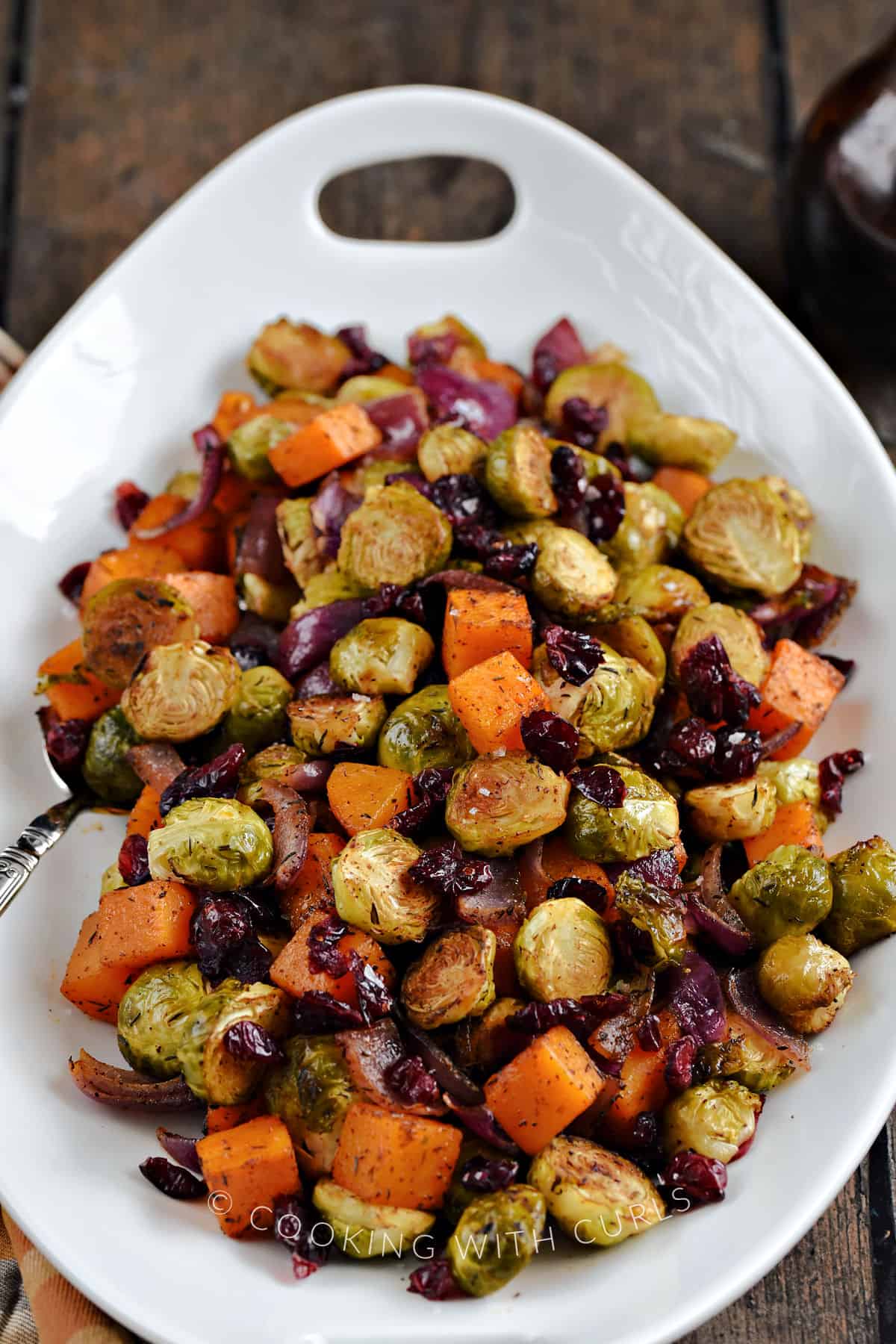 Roasted carrots, brussel sprouts,, red onions, and cranberries on a serving platter.