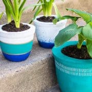 Three colorful planters made of concrete. A DIY project with painted pots.
