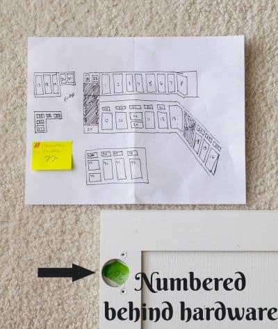 Paper drawing with numbered cabinets and labelled corner of white cabinet for reassembly.