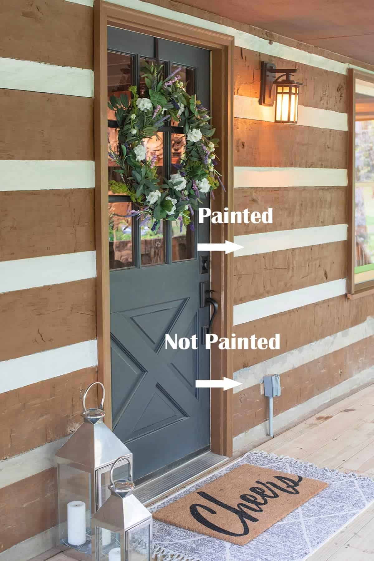 A front door on a home showing painted and unpainted outdoor cement mortar on a home.