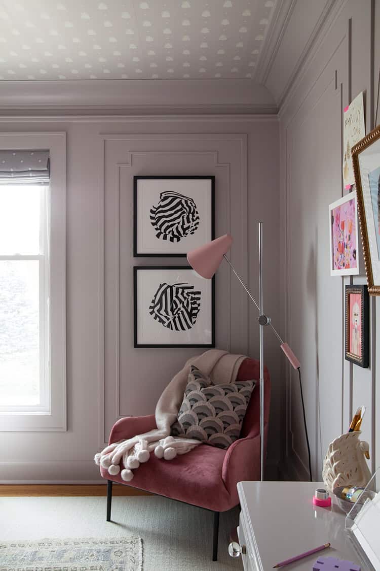 Parisian girl's bedroom with molding wall treatment painted with Farrow & Ball's Peignoir.