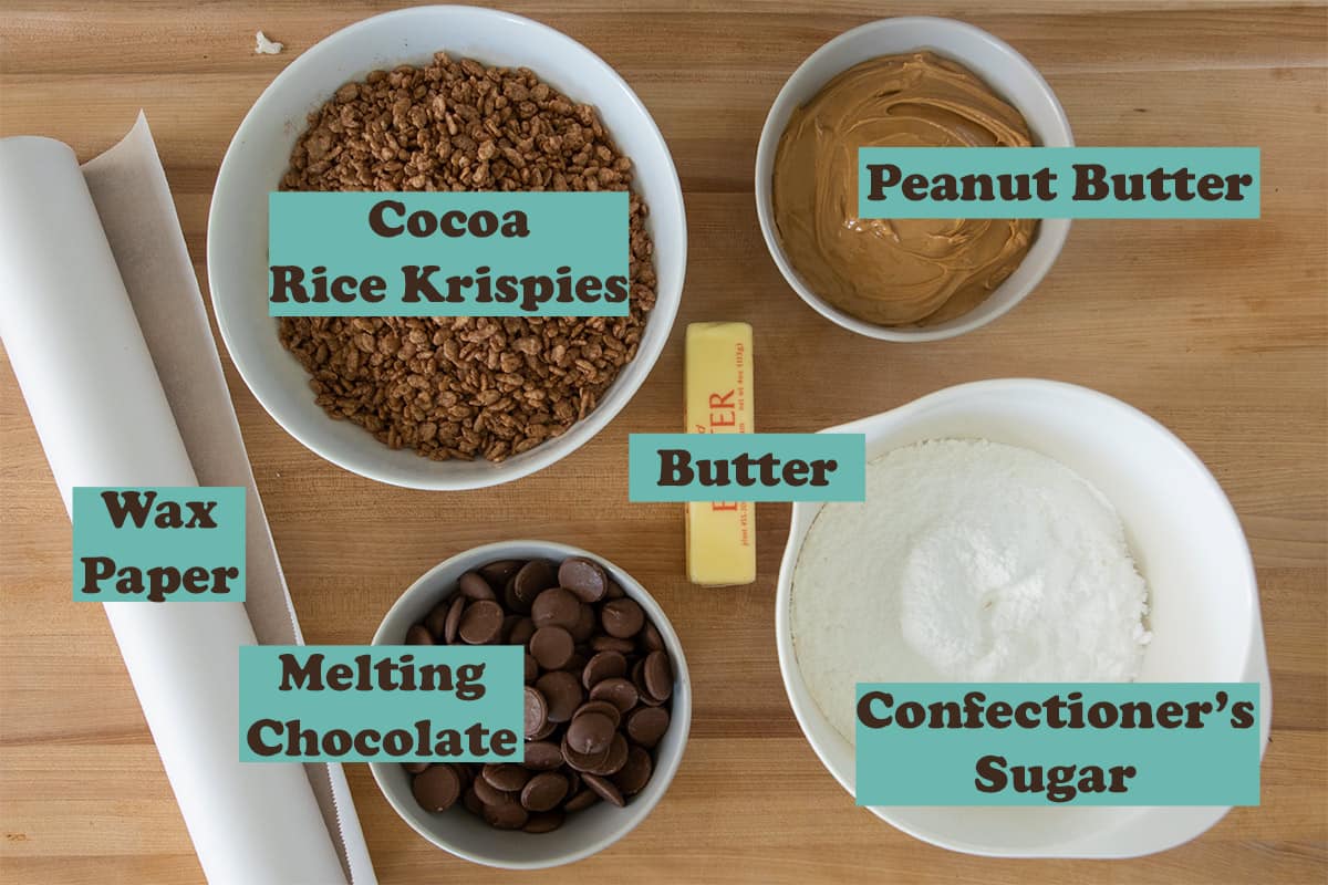 Ingredients for Peanut Butter Balls with text labels.
