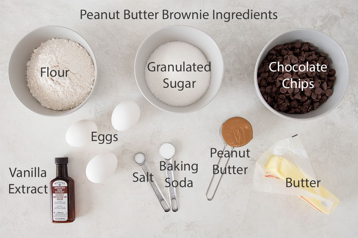 Ingredients for peanut butter brownies with text labels.