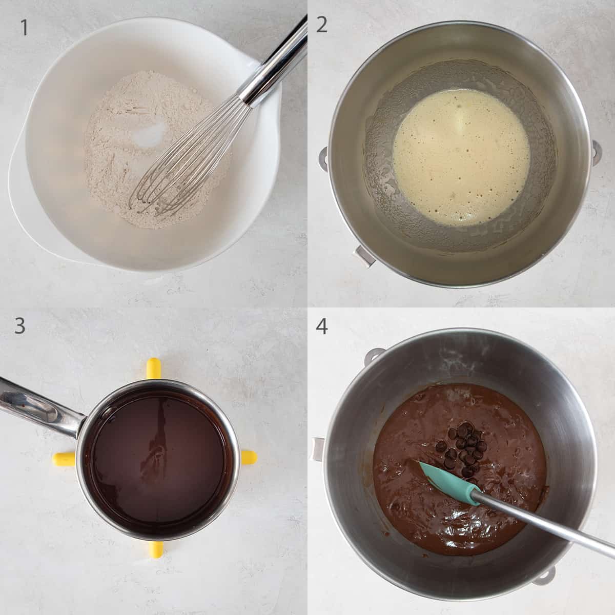 Collage showing assembly of the batter for peanut butter brownies.