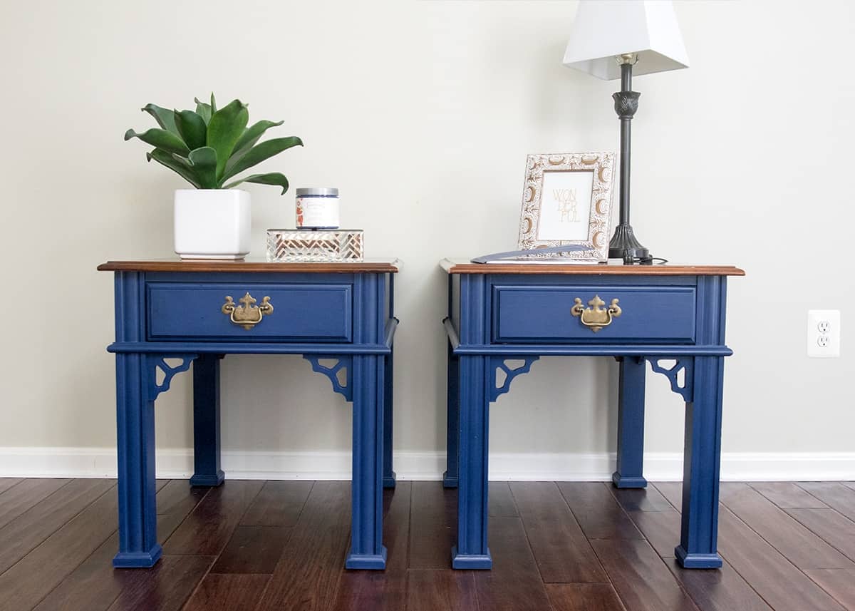 Set of side tables refinished in Midnight Blue Country Chic chalk paint.