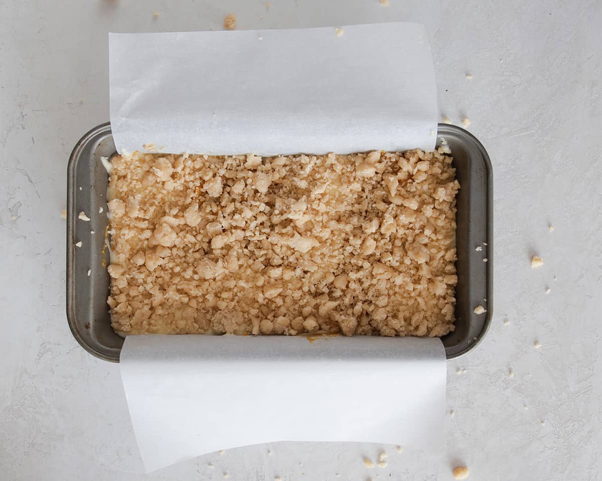 Crumb topping on pumpkin bread before baking.