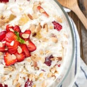Top down view of Southern Punch Bowl Cake in a trifle bowl.