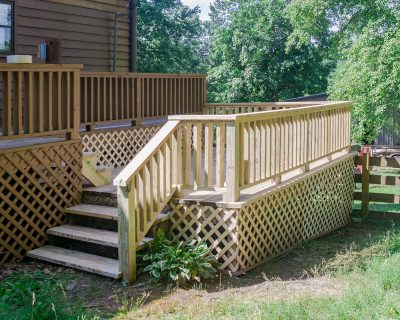 Rebuilt deck railing and skirting from the front view.