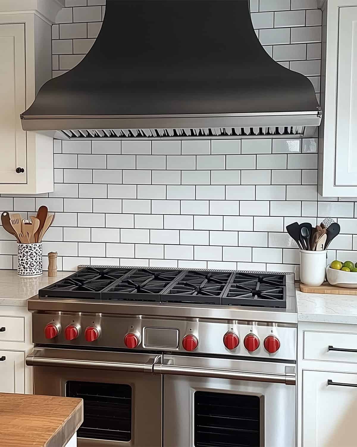 Black and white kitchen with white subway tile in traditional brick layout.