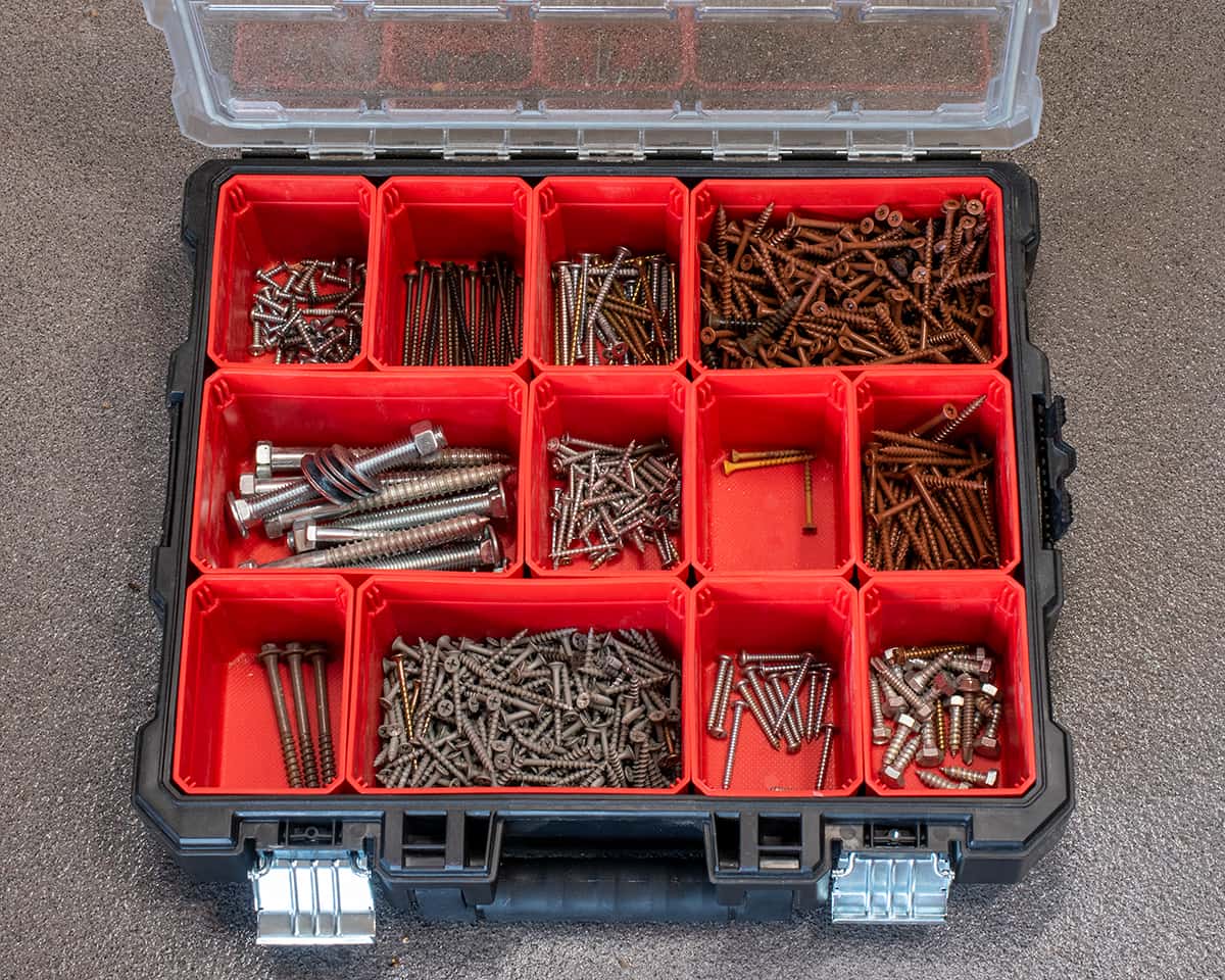 Open box of Craftsman 12 compartment organizer for hardware supplies and screws, nuts, and bolts.