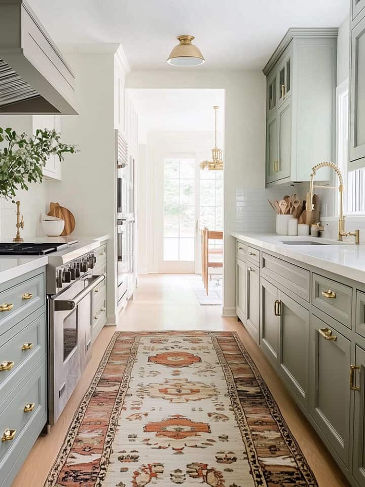 Bright white kitchen with sage green color cabinets and gold hardware.