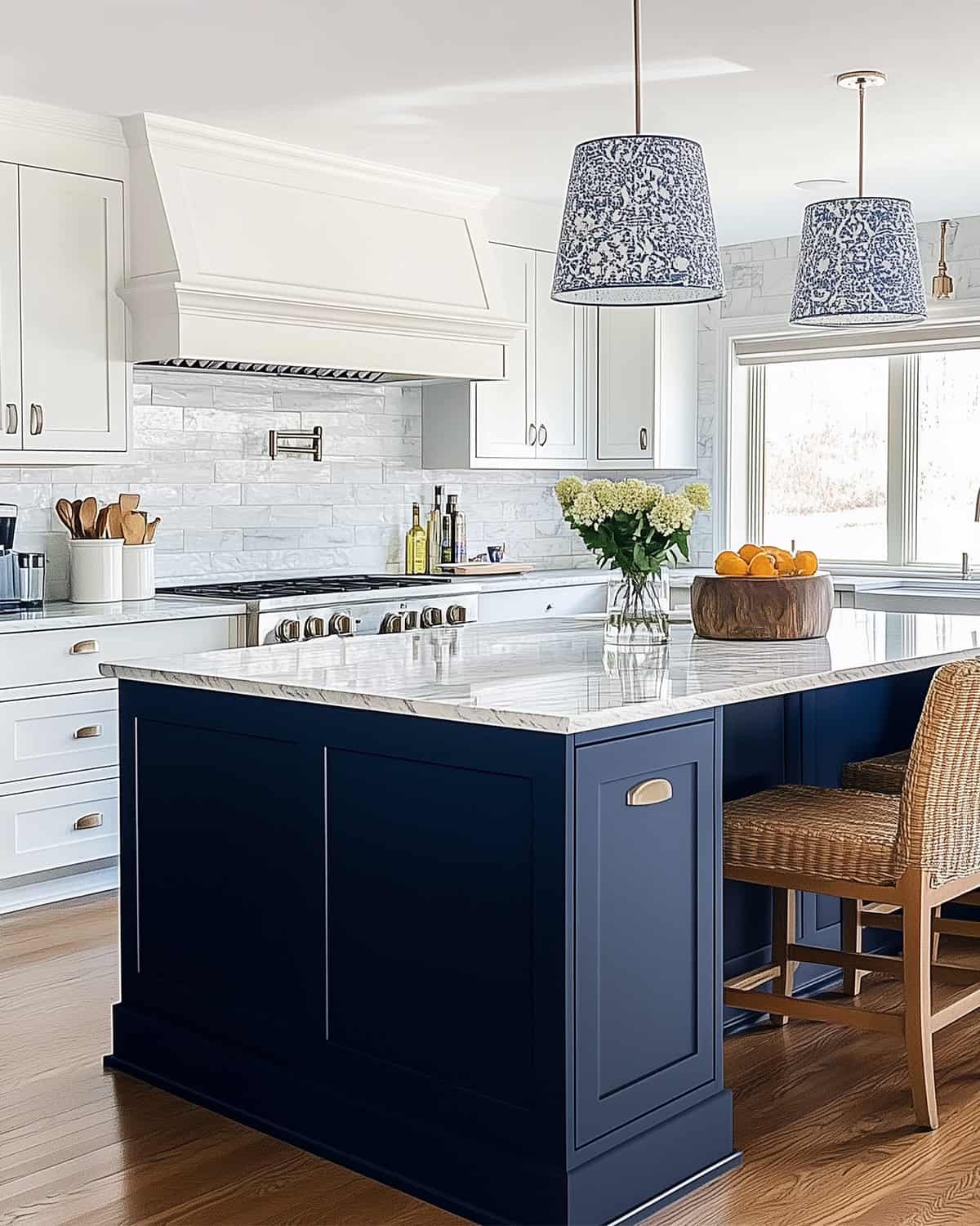 Coastal chic kitchen with large center island painted in Sherwin Williams Naval with white marble countertop.