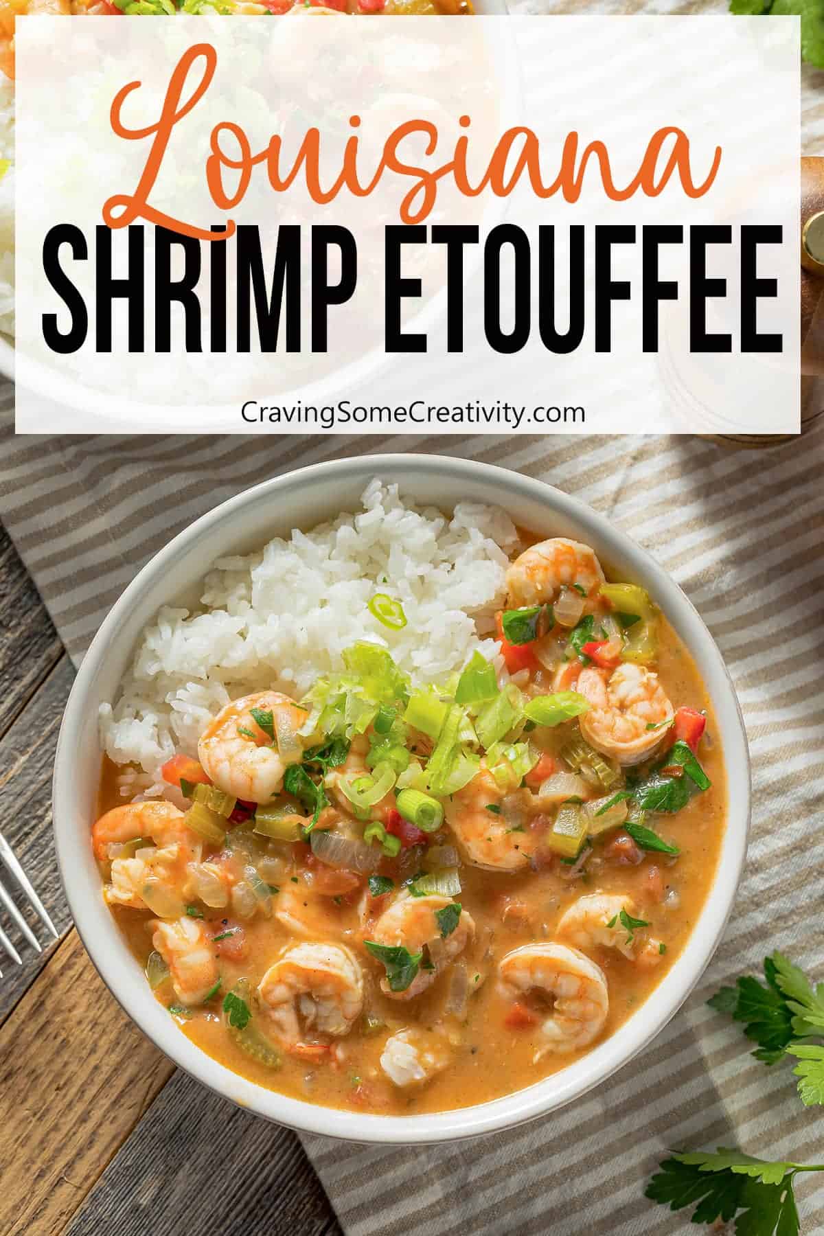 Louisiana Shrimp Etouffee- Fluffy white rice topped with Cajun seasoned shrimp in flavorful broth, topped with green onions in white bowl