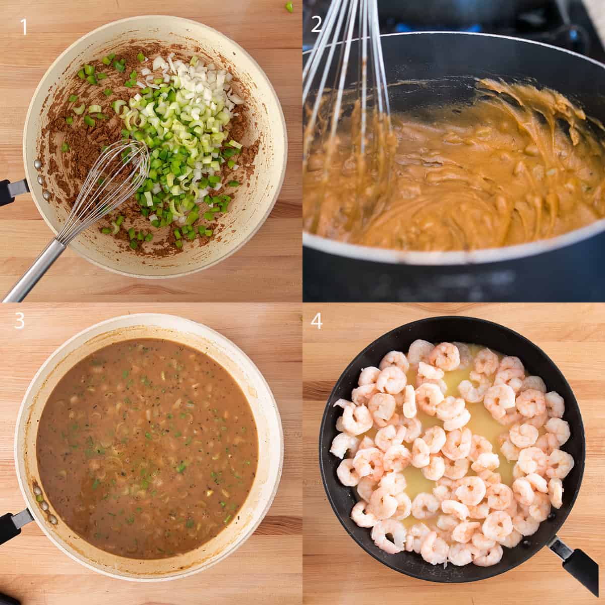 How to make a roux with pans showing the process and penny colored roux.
