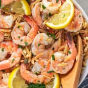Overhead closeup of shrimp orzo pasta with lemon slices and parsley in a bowl.