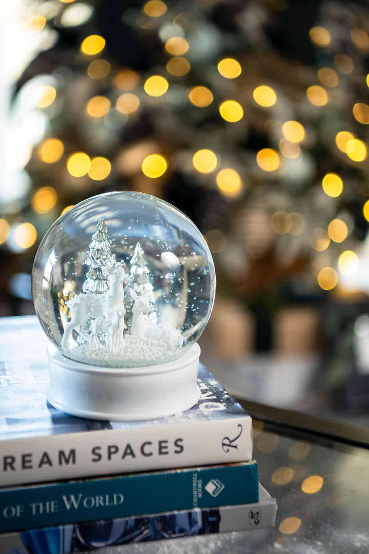 A snow globe on a stack of books with blurry Christmas lights in the background.
