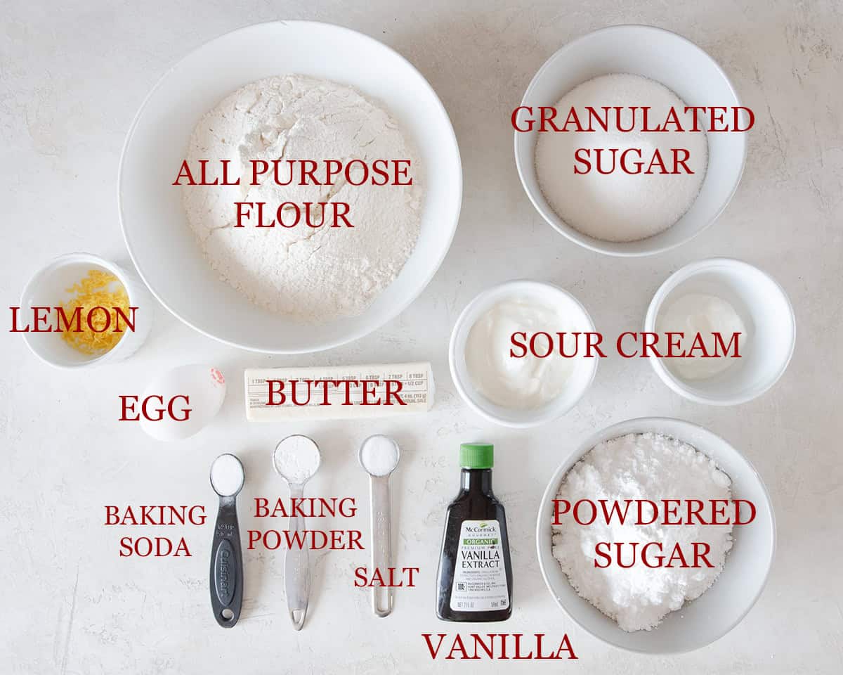 Ingredients for baking cookies laid out on a table with labels.