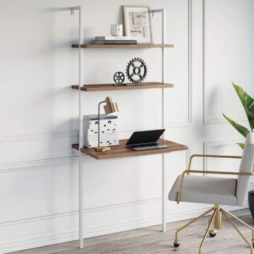 Ladder style space saving desk mounted on the wall.