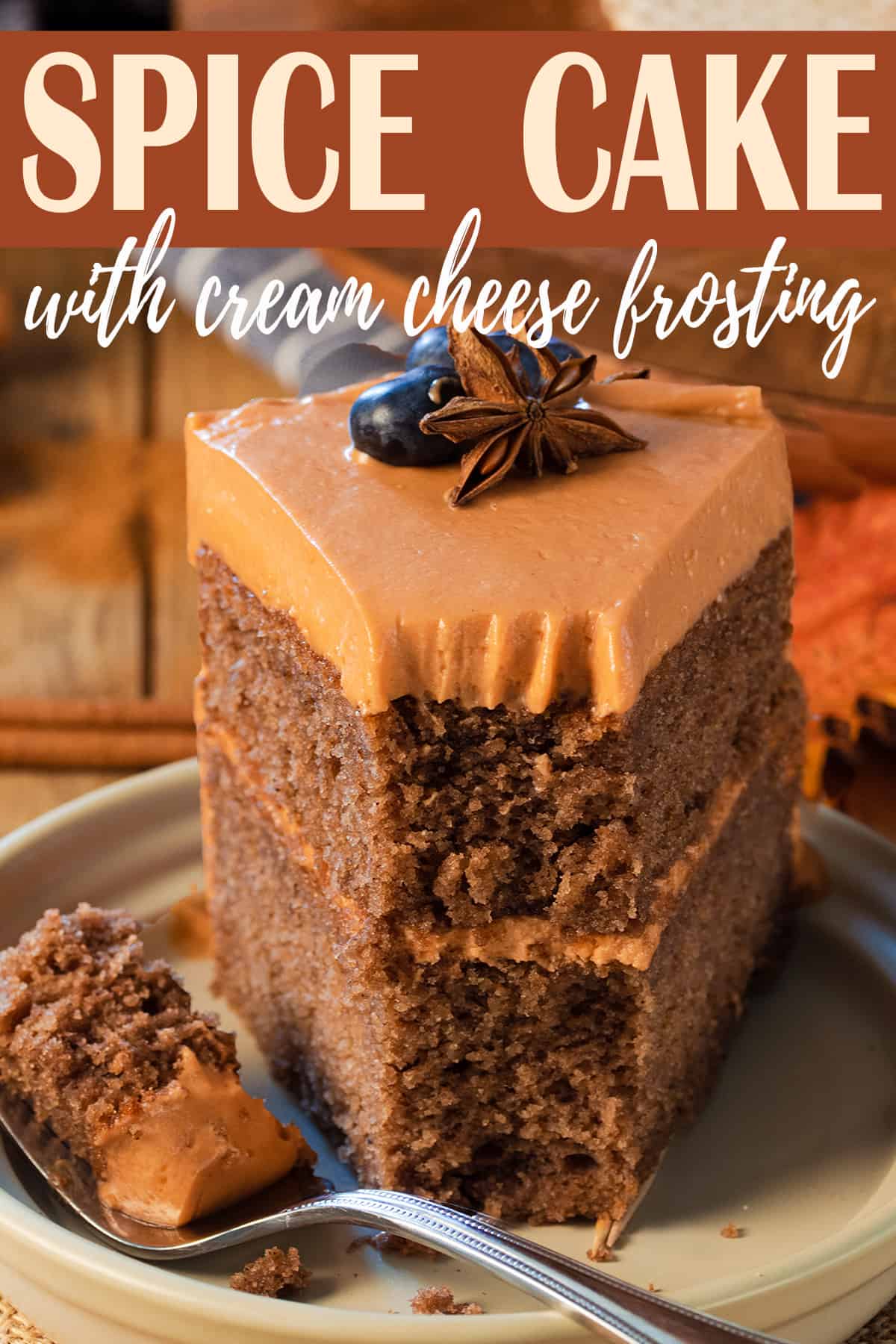 Closeup of Spice Cake slice on plate with text title overlay.