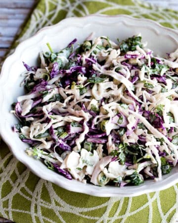 A bowl of thinly shredded spicy Mexican coleslaw.