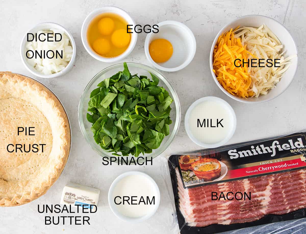 Ingredients to make Bacon spinach quiche recipe laid out on a table with text labels.