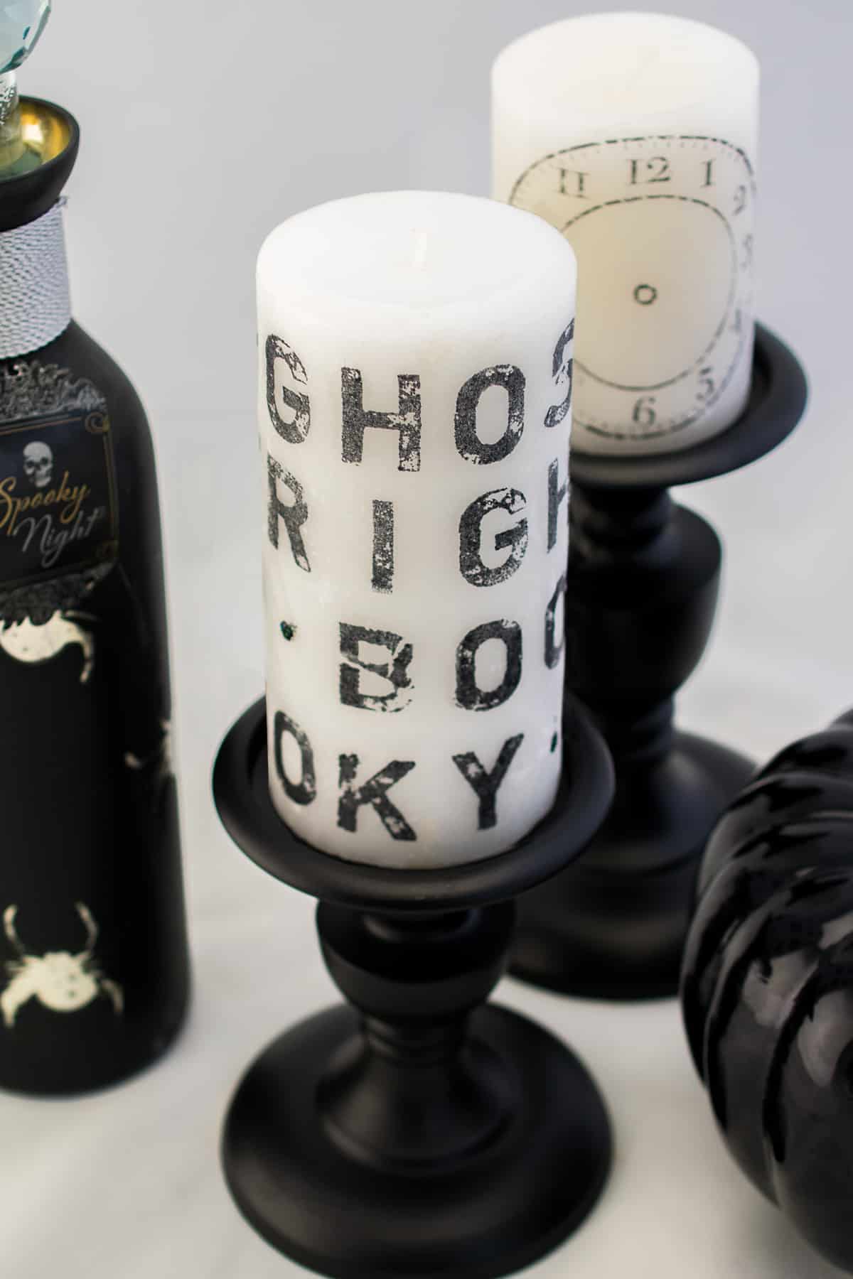 Halloween Decor Stamping on Candles using tissue paper transfer technique