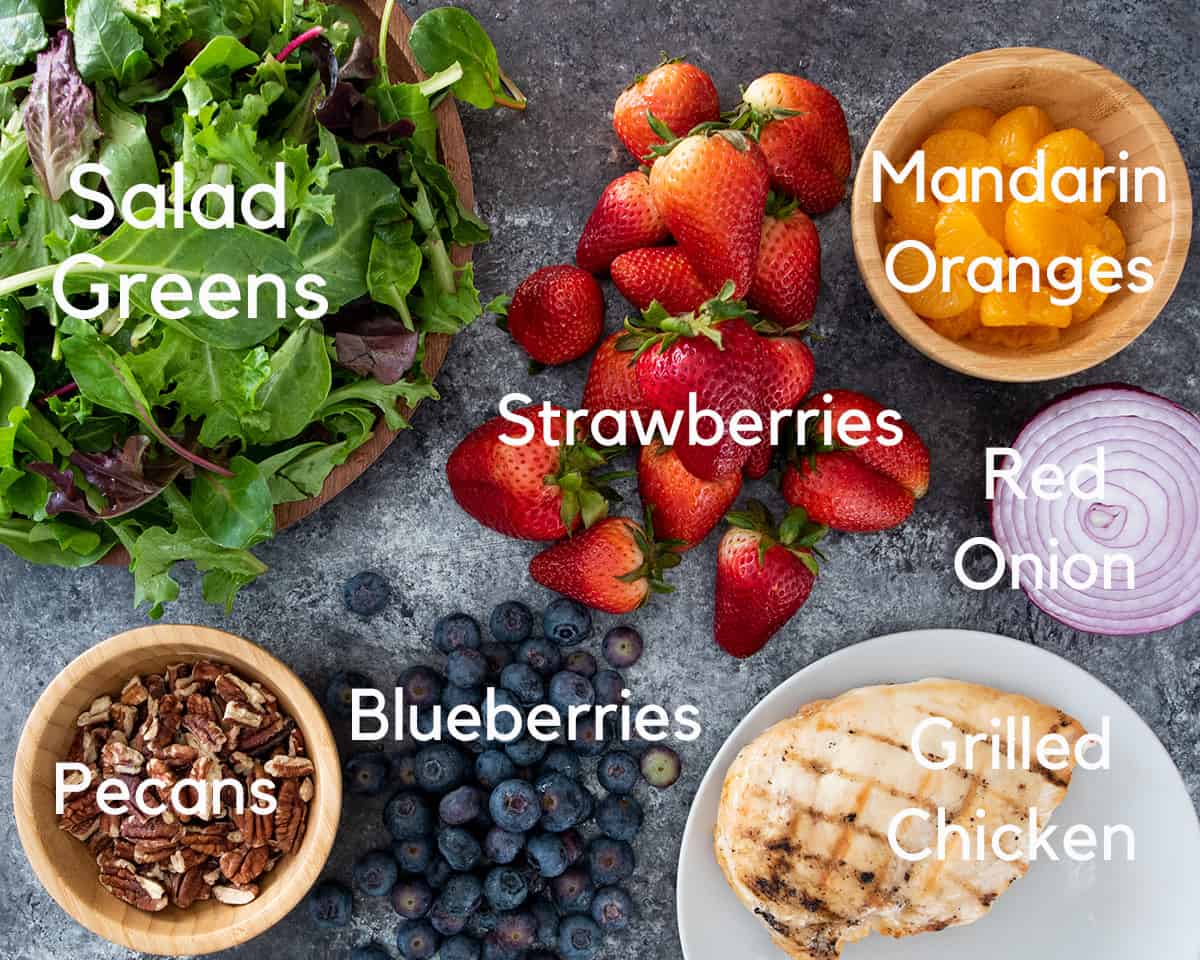 Panera Strawberry Poppyseed salad recipe ingredients with text labels.