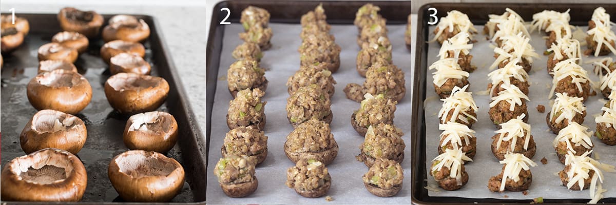 Steps to filling the stuffed mushrooms including baking portobello mushrooms, stuffing, and topping with cheese.