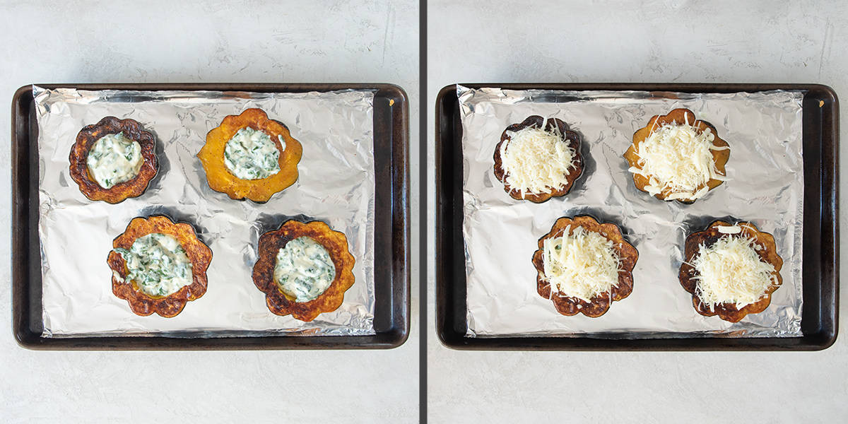 How to fill stuffed squash instructions showing squash on cookie sheet.