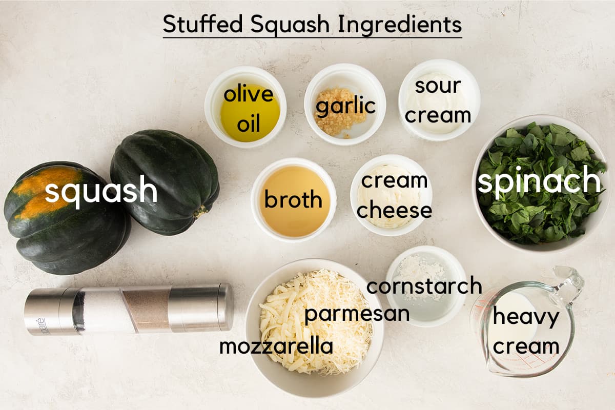 Ingredients for stuffed squash laid out on a table with text labels.