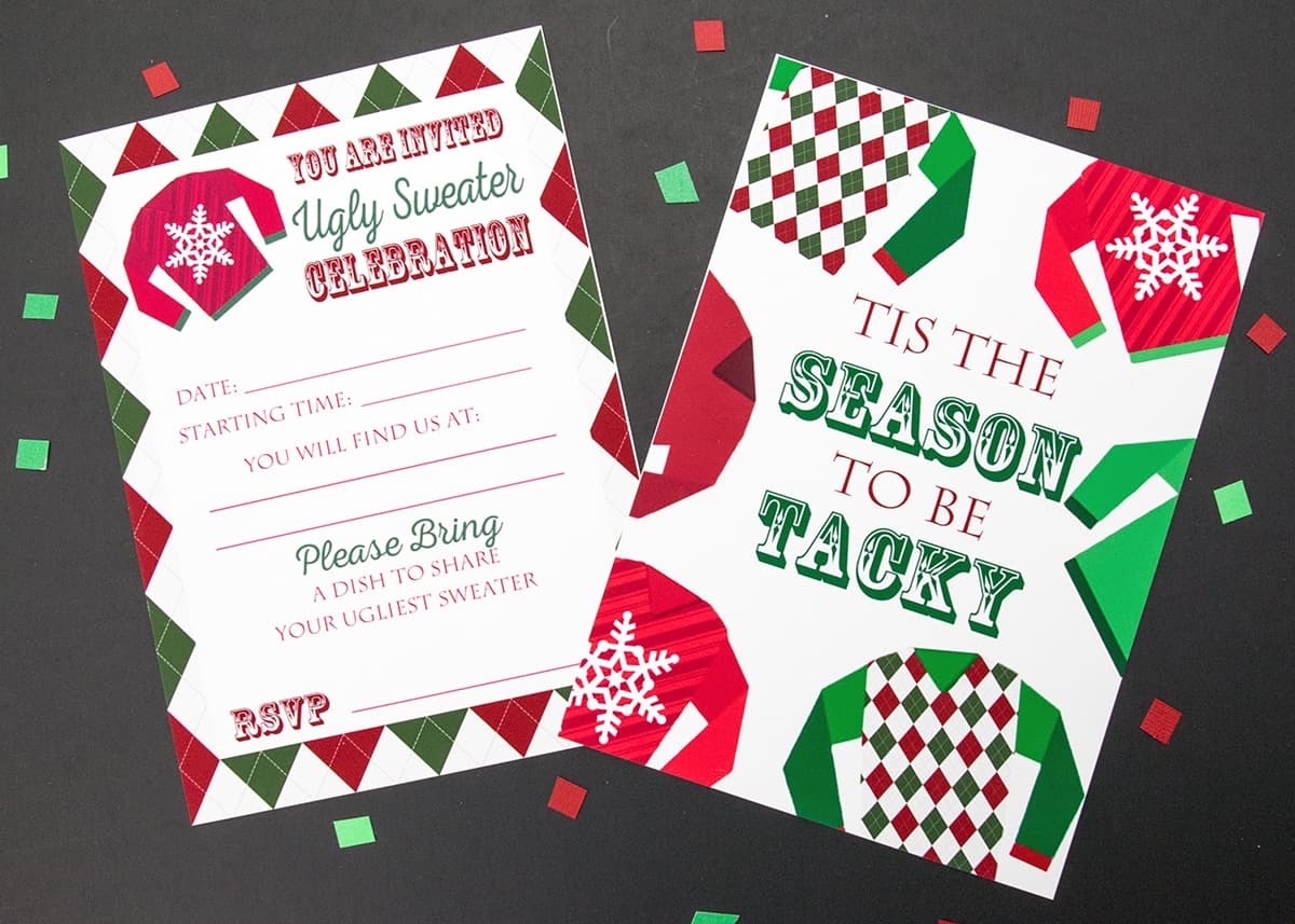 Tacky Christmas sweater free printable party invitation front and back.