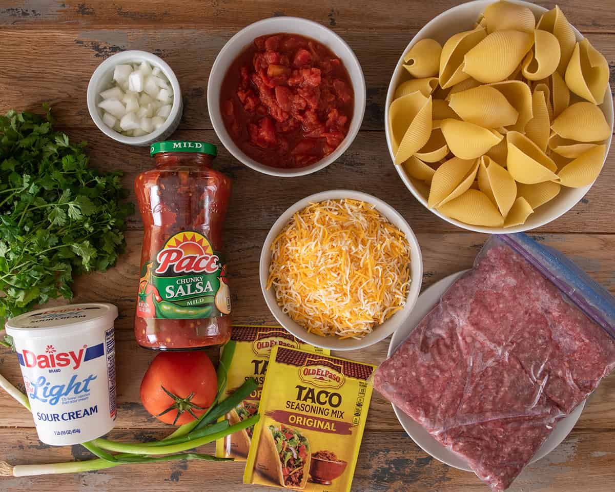 Ingredients for Mexican stuffed shells laid out on a table.