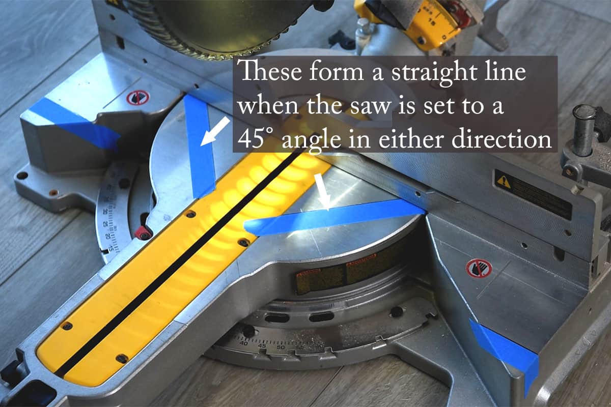 A compound miter saw table top showing how to tape lines to make it simple to cut crown molding.