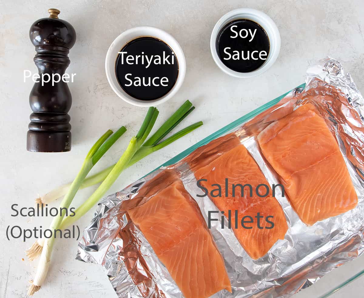 Teriyaki Salmon Ingredients with text labels.