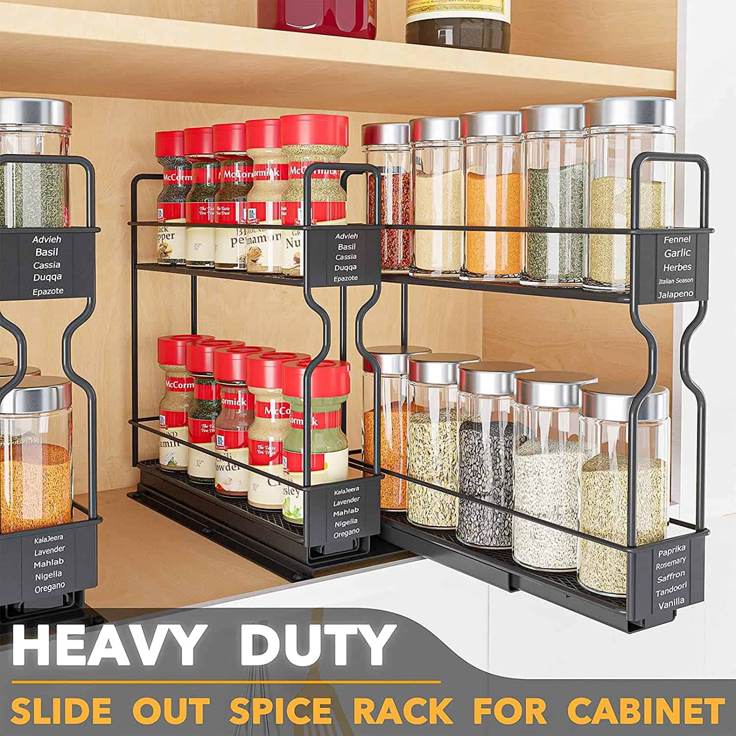 Tiered spice rack in kitchen cabinet.