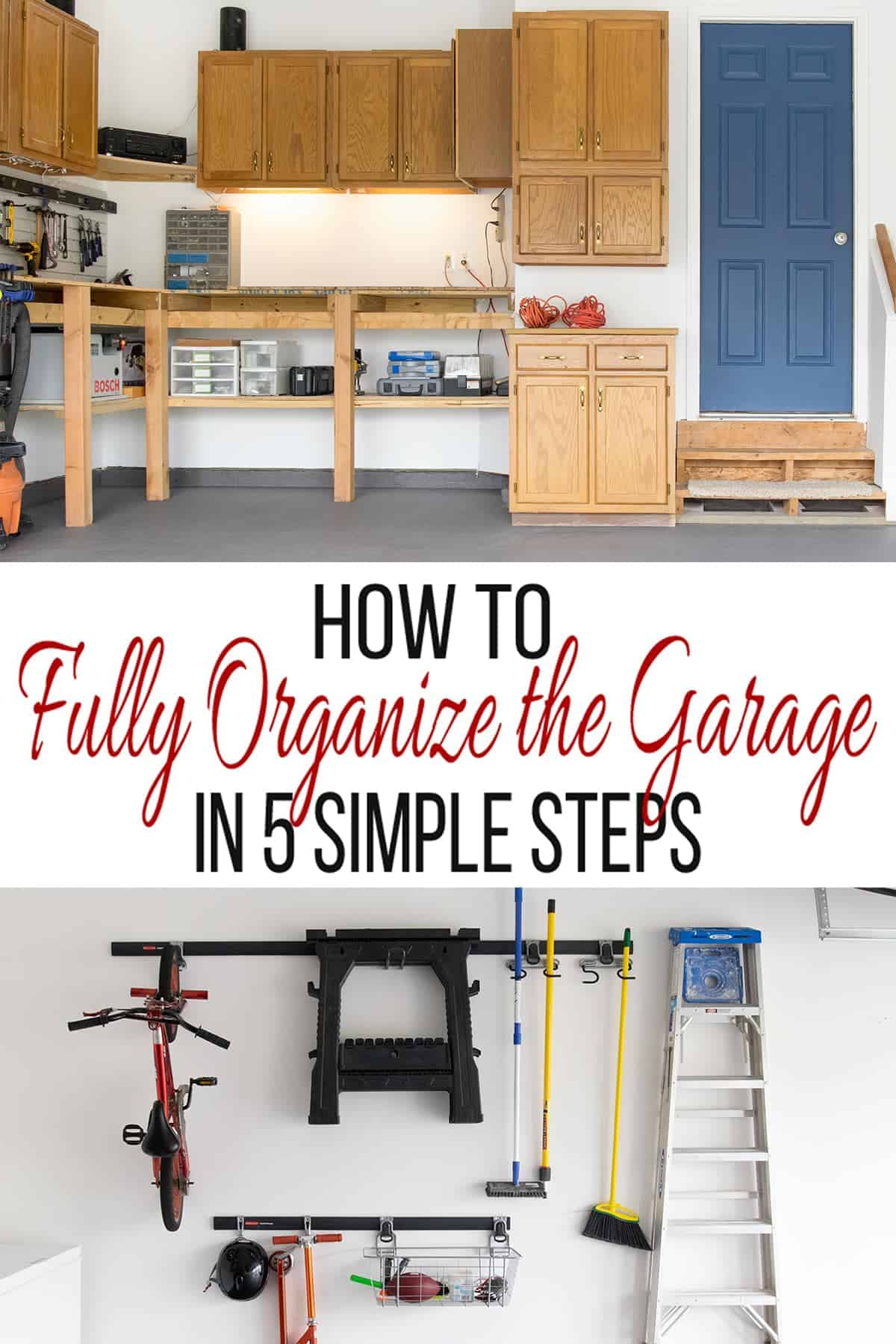 Residential garage storage ideas including a clean garage with cabinets and a wall storage rack for lawn tools with post title.