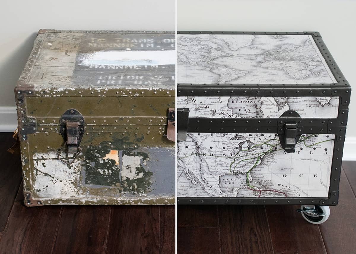 Before and after vintage military trunk makeover with black and white world map covering and white wheels added to bottom.