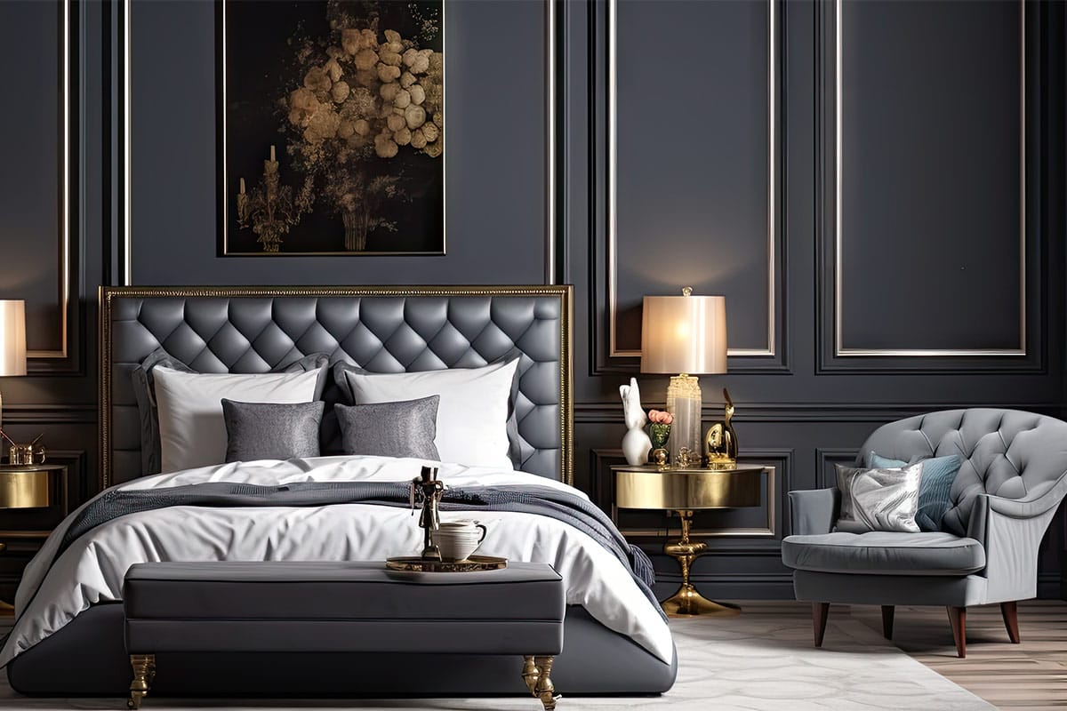 Charcoal moody bedroom with tufted furniture and gold accents.