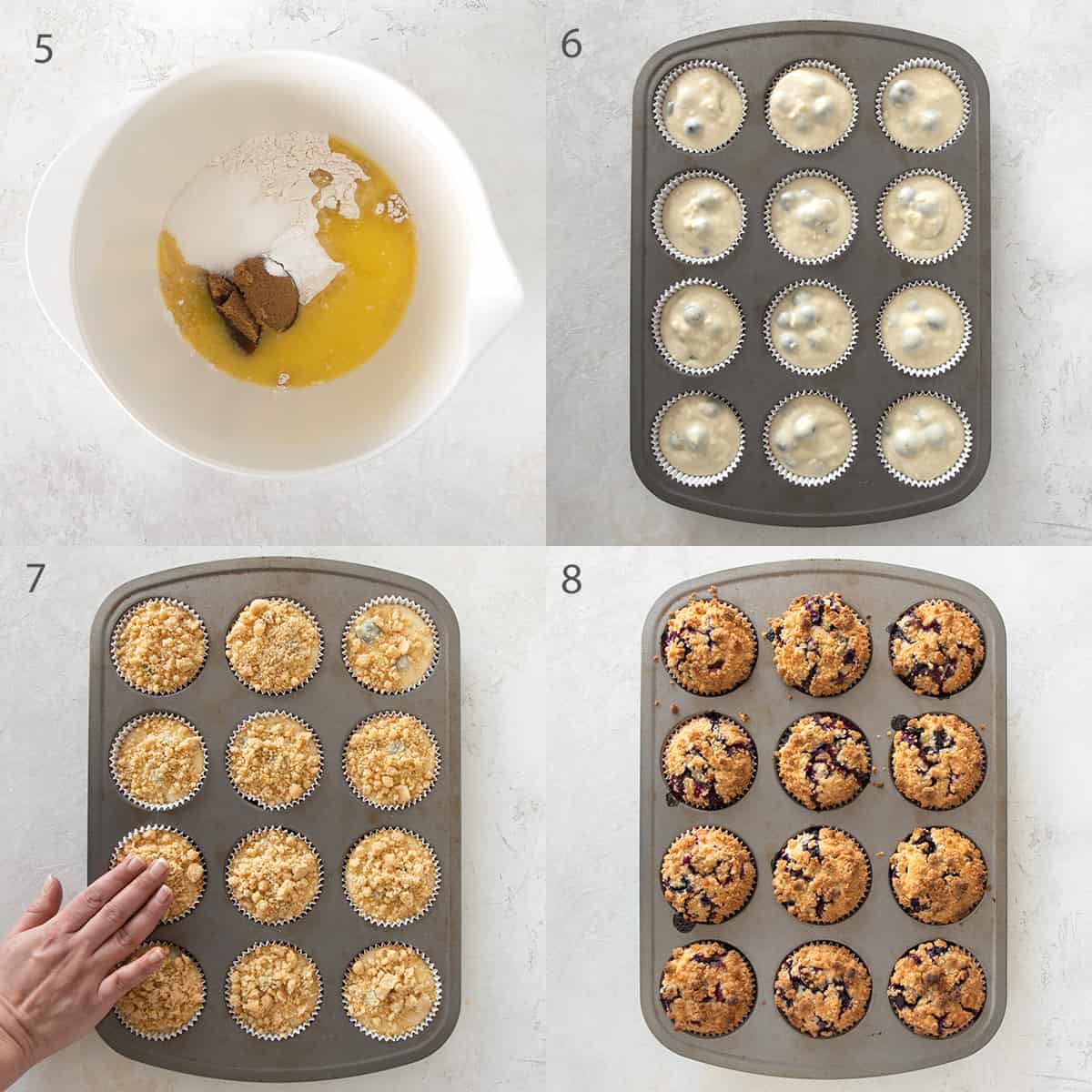 Collage of photos showing assembly of lemon blueberry muffins with crumb topping.