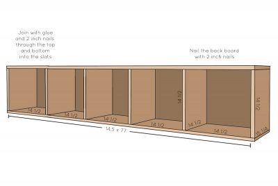 Building plans with measurements of platform bed with storage underneath.