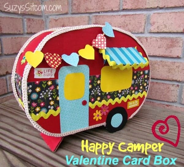 Retro camper inspired cardboard Valentines card box craft sitting in a corner.