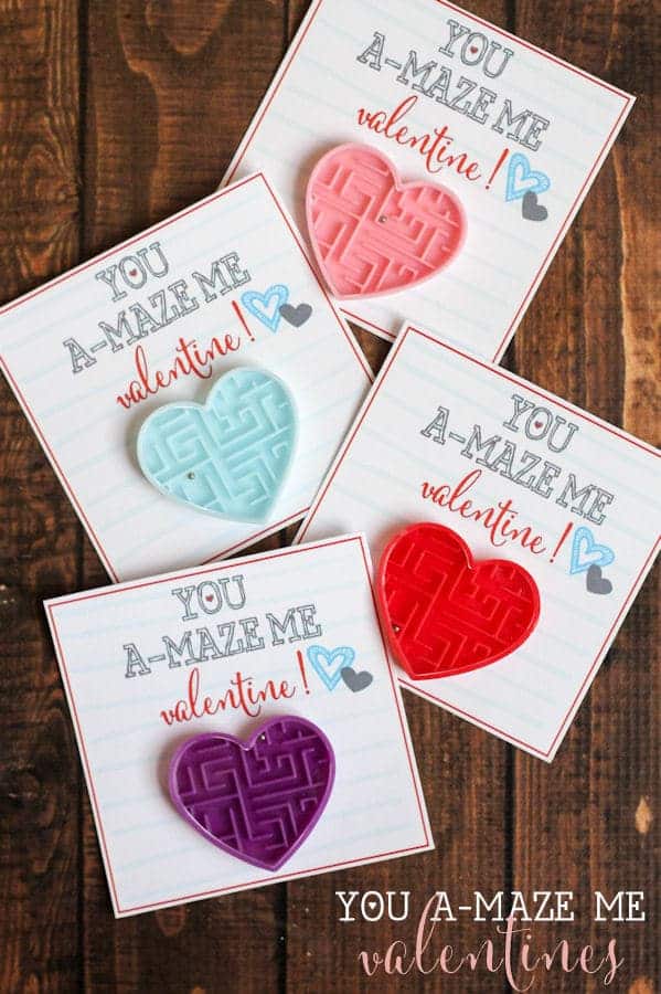 You A-Maze Me Valentines with heart shaped mini mazes attached to Valentine's cards