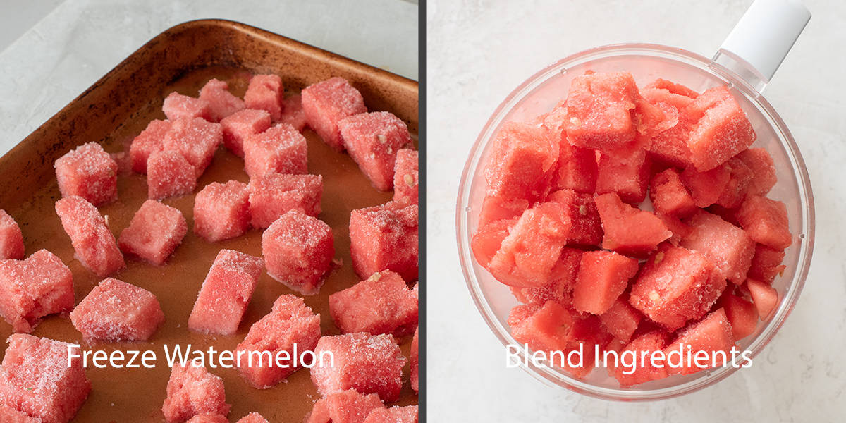 Steps to make a watermelon margarita. Frozen watermelon on a tray and frozen watermelon in a blender.