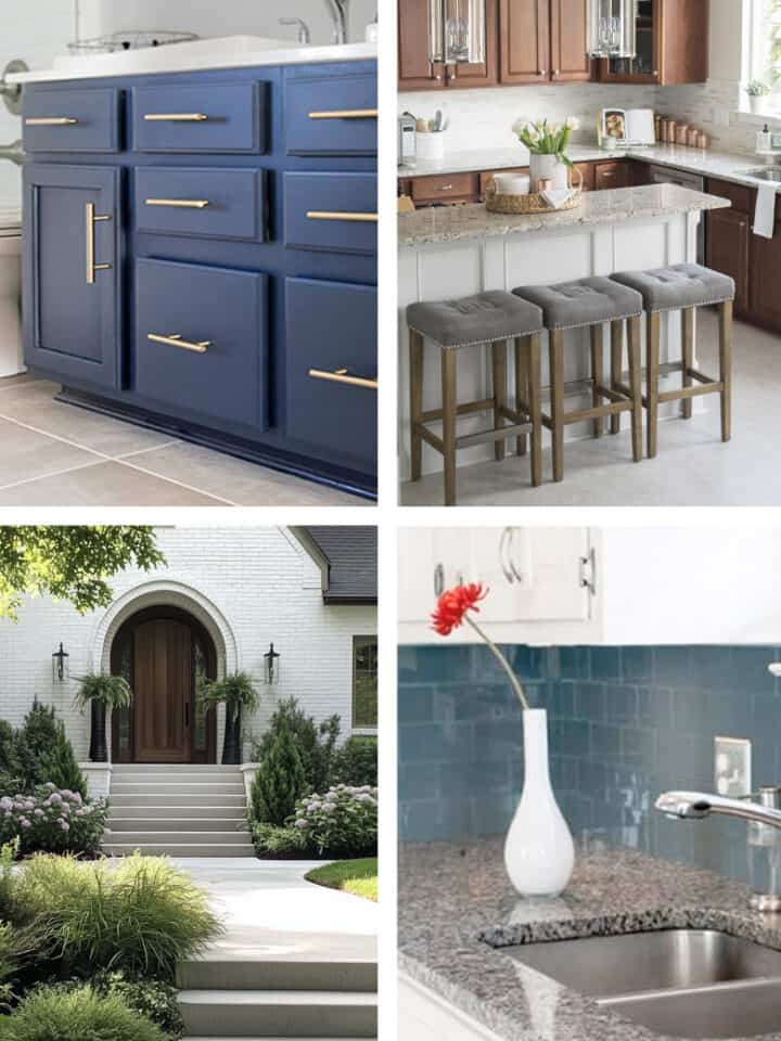 A collage of DIY home impovement projects after completion including new front door, backsplash, kitchen, and painted vanity.