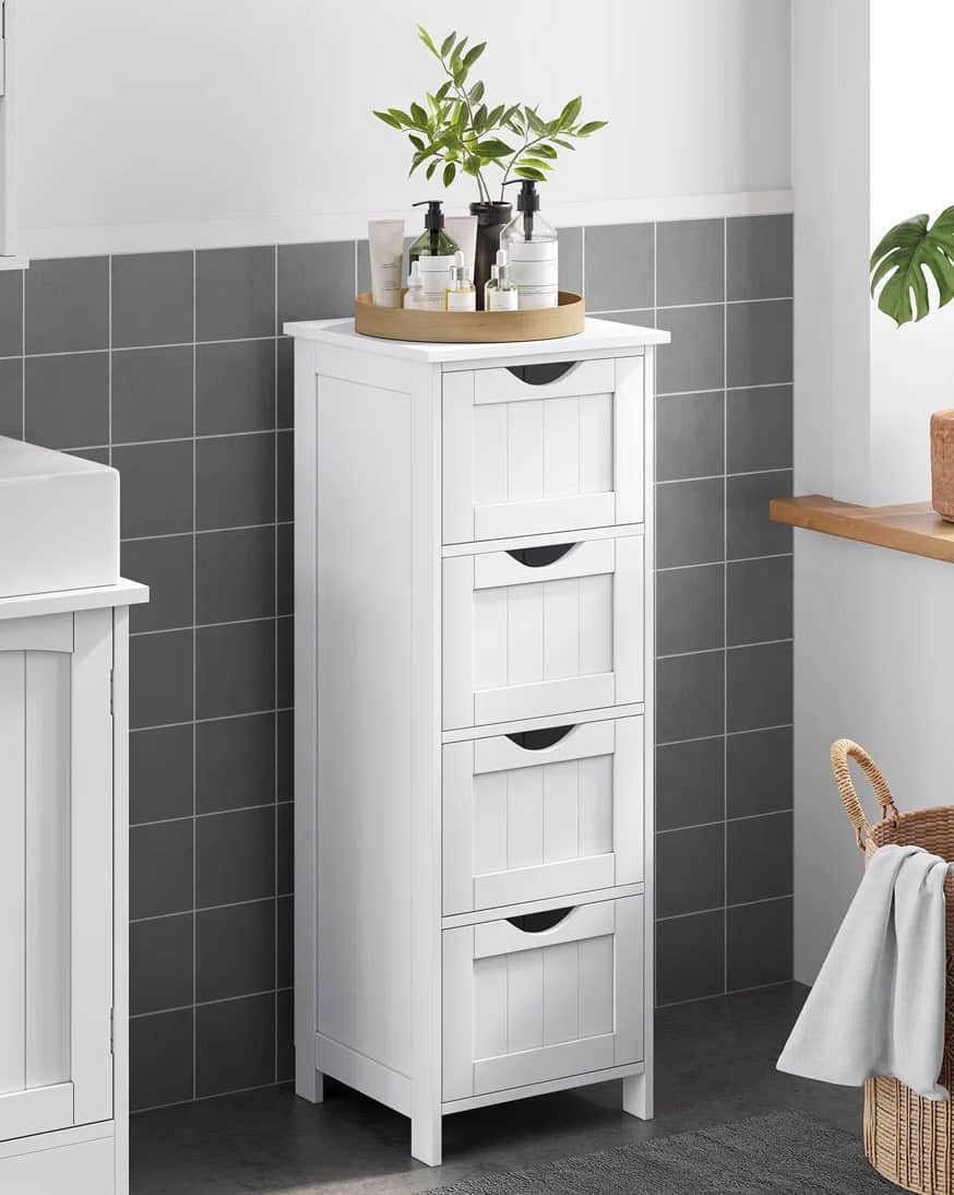 Freestanding bathroom cabinet in white with a simple spa design.