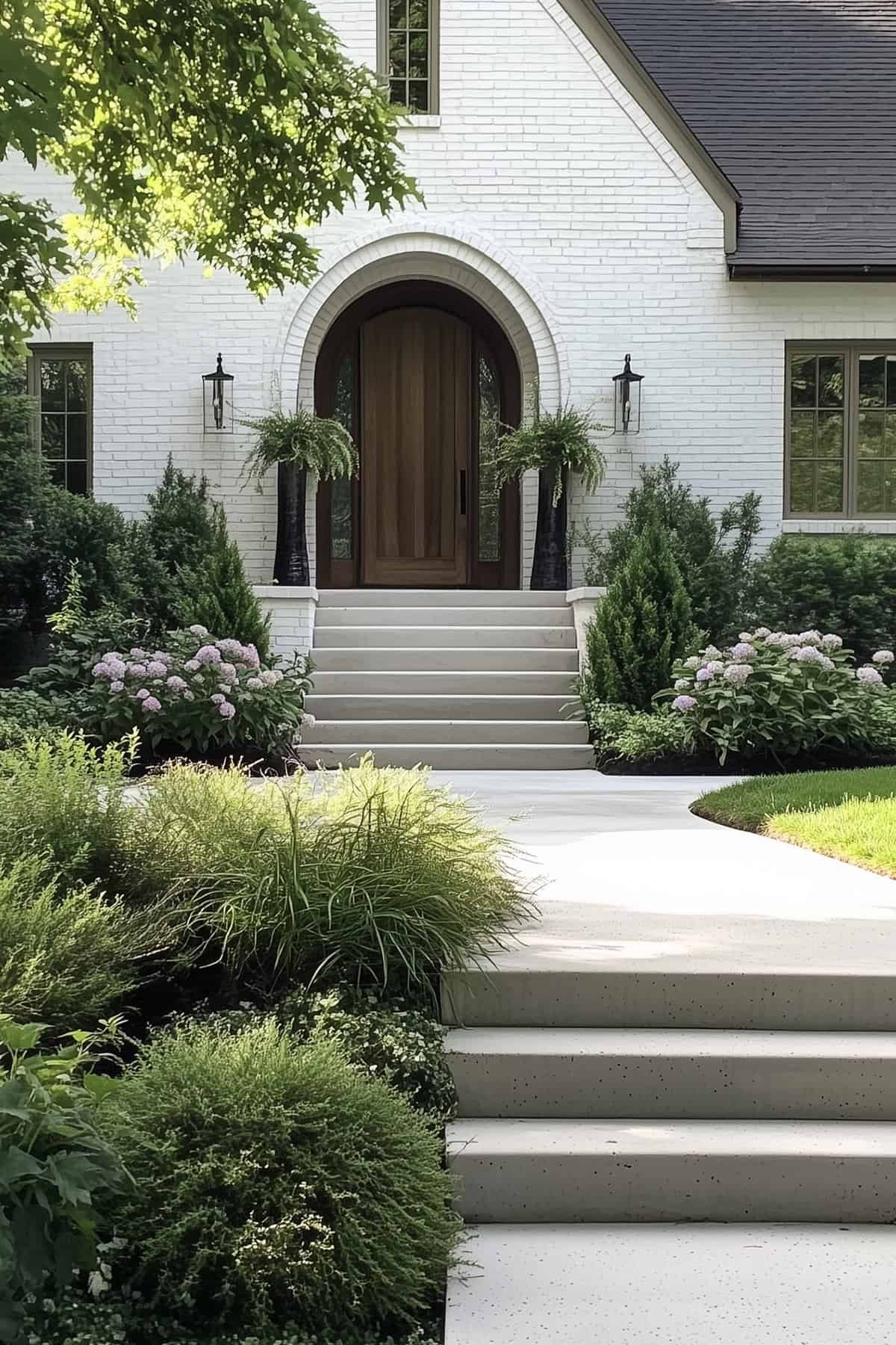 A modern white brick home with high contrast roof and windows with a wood front door along a long concrete walkway.