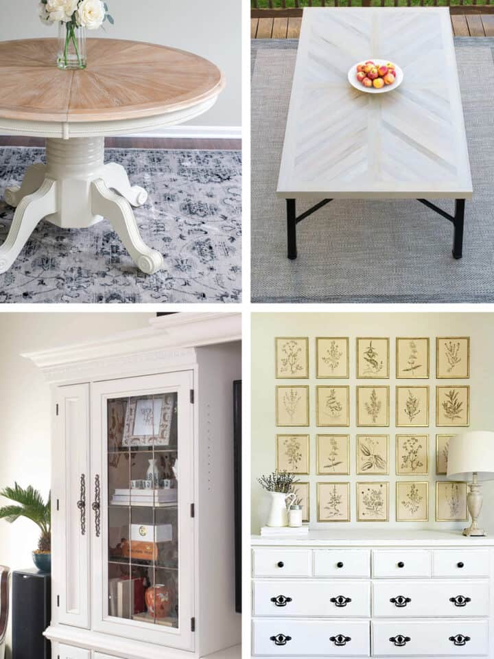 Collage of white painted furniture including tables, dressers, and beds.