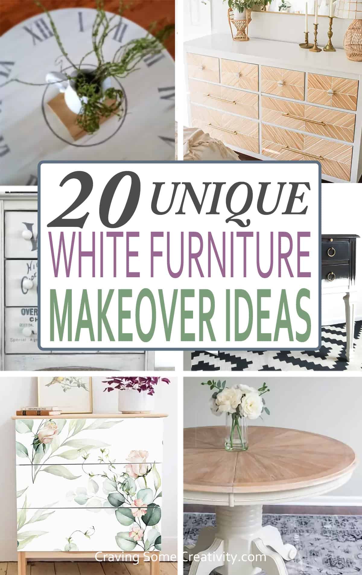 Collage of white painted furniture including tables, dressers, and beds.